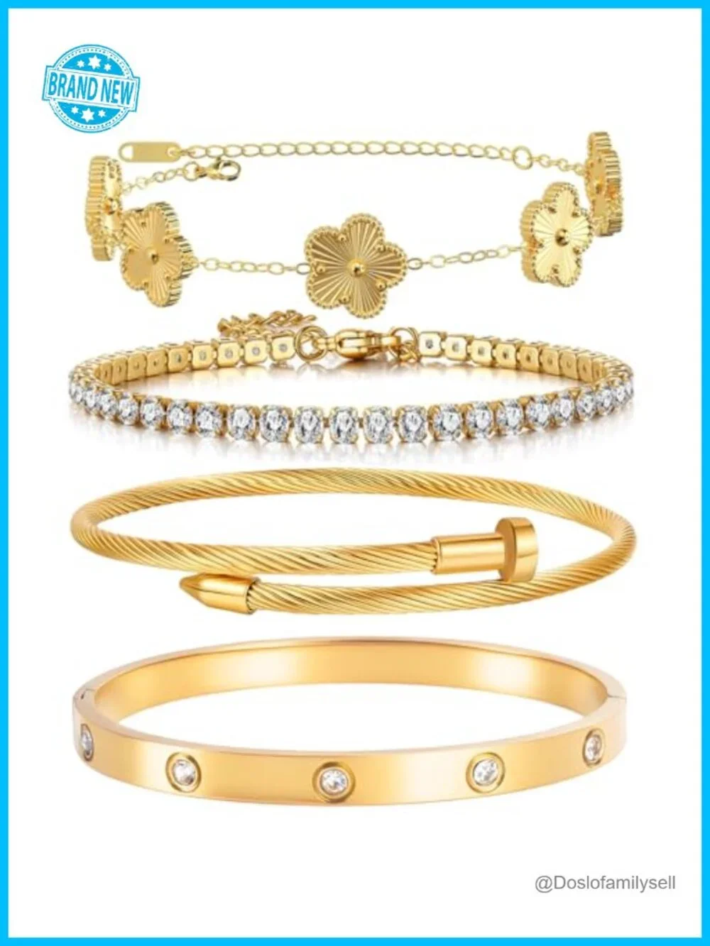 4-Piece Gold Plated Stackable Bracelet Set with Floral Charm